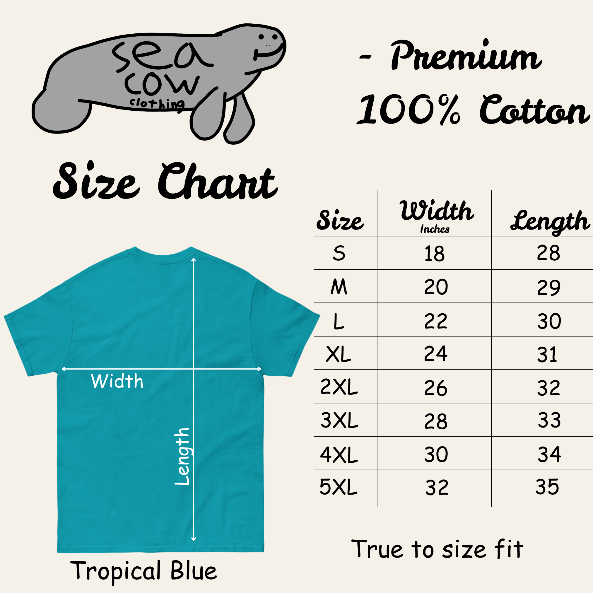 Size chart for a teal t-shirt with dimensions and Sea Cow Clothing logo.