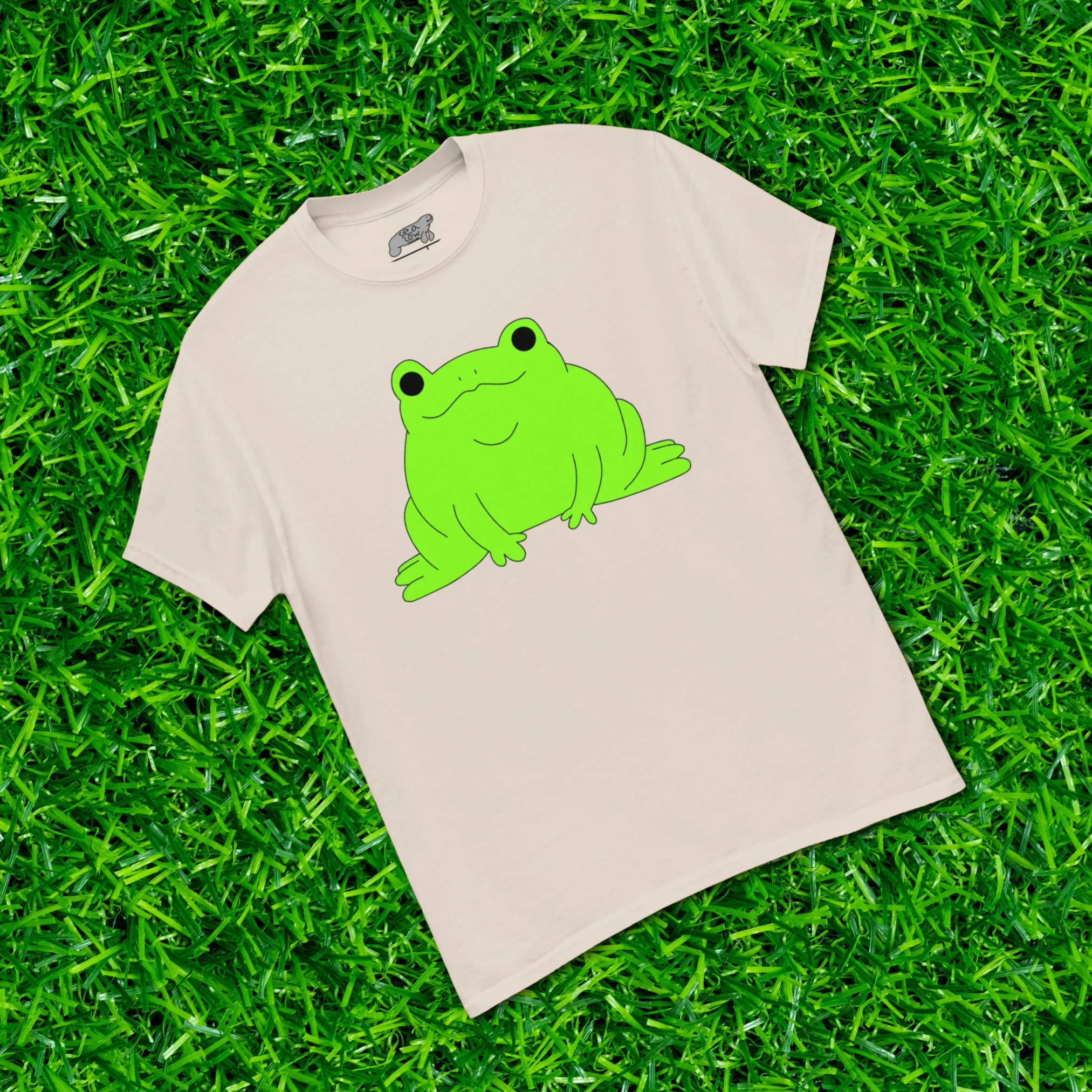 Beige t-shirt with a green frog graphic on grass